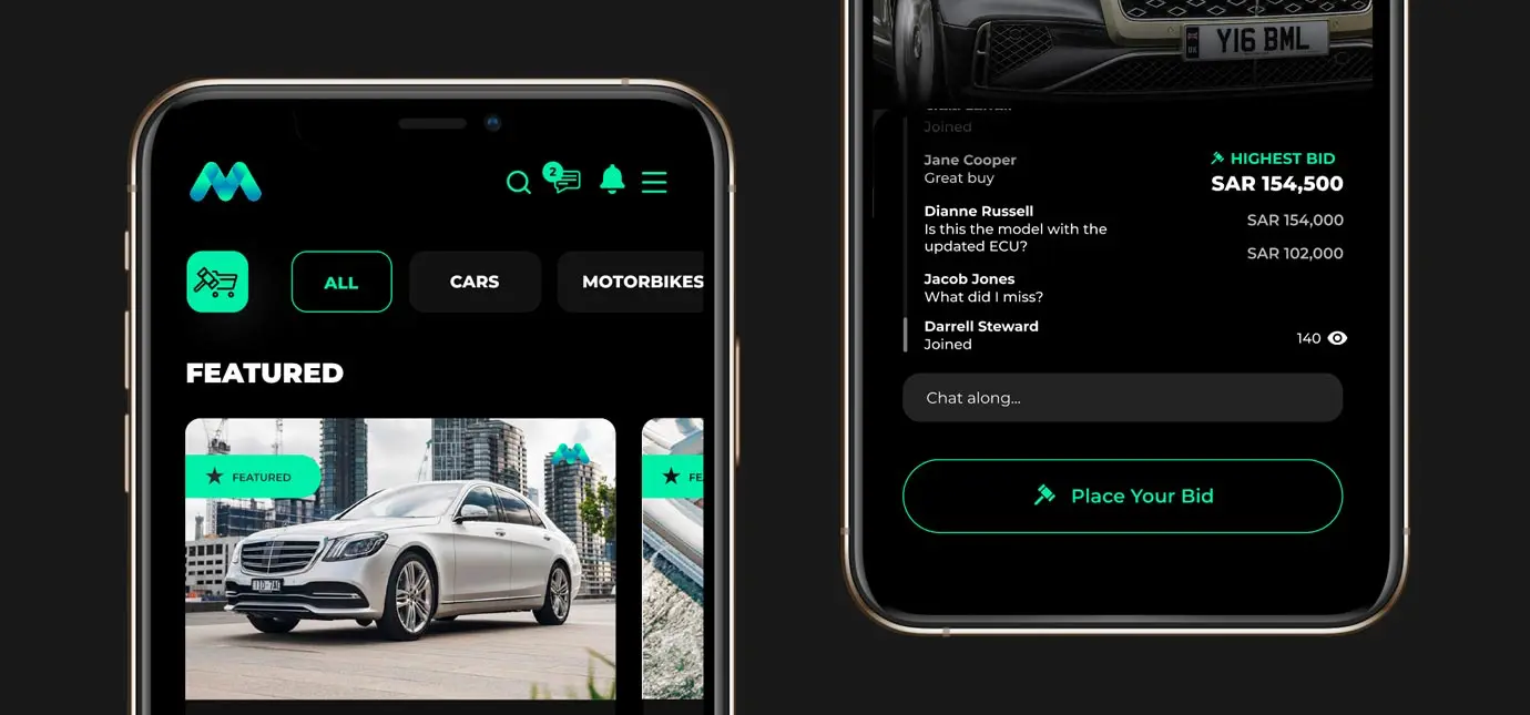 Mobile phones showing the Mazadak auction app